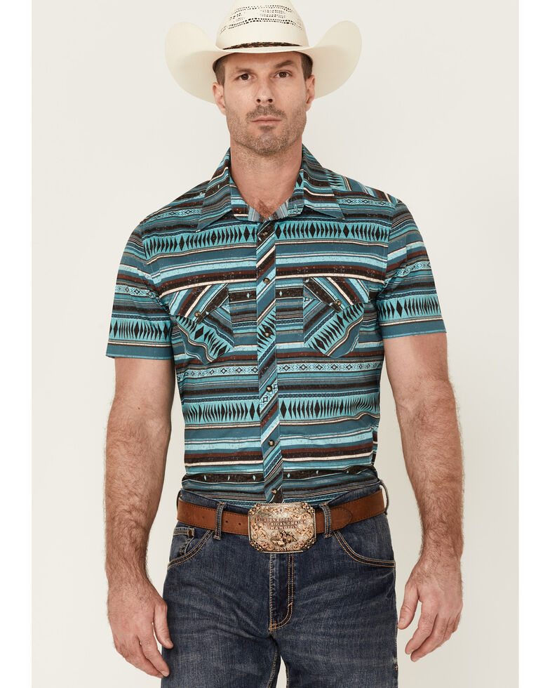 Rock & Roll Denim Men's Agua Southwestern Serape Print Short Sleeve Snap Western Shirt , Aqua, hi-res
