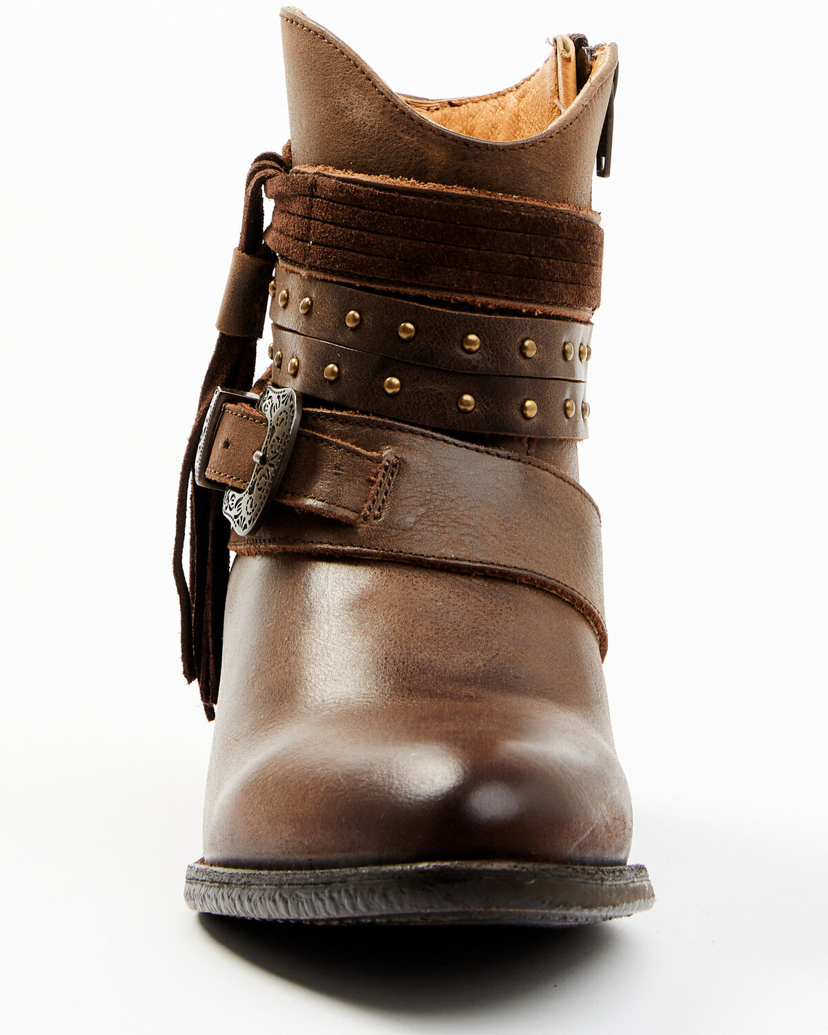 Image #4 - Shyanne Women's Sevilla Buckle Fringe Western Booties - Round Toe, Brown, hi-res