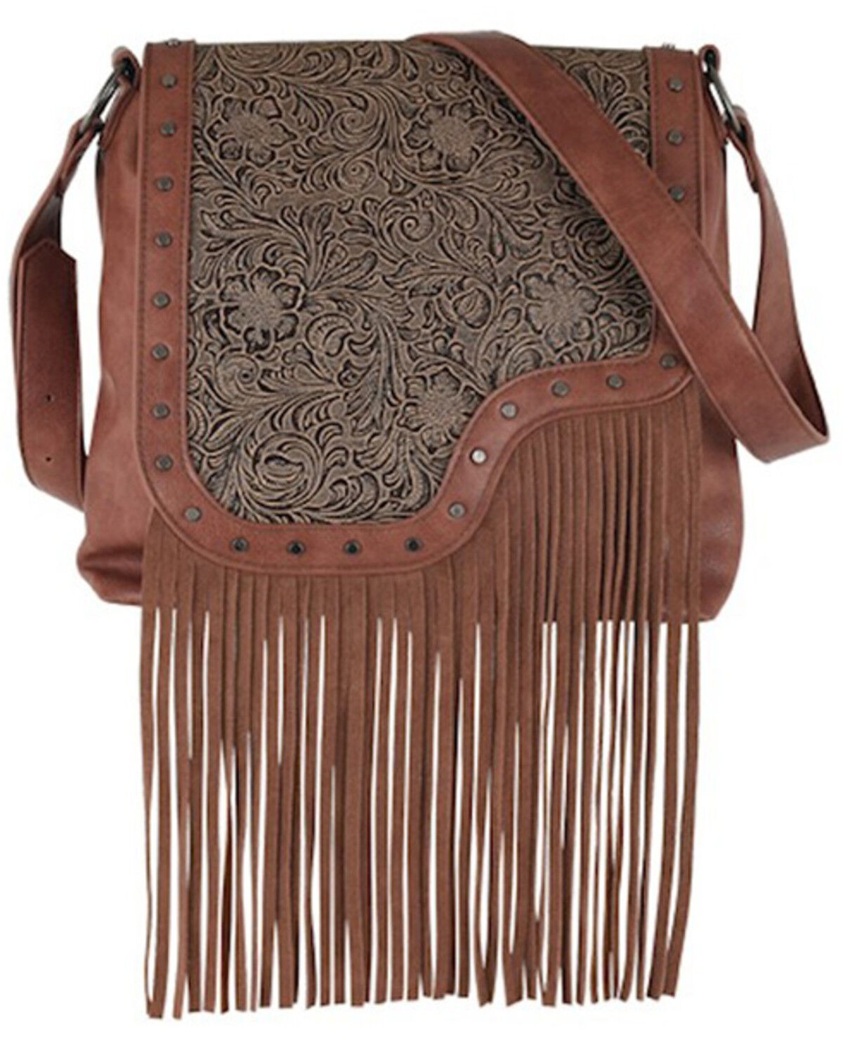 Image #1 - Catchfly Women's Asymmetrical Tooled Yoke Fringe Crossbody Bag, Brown, hi-res
