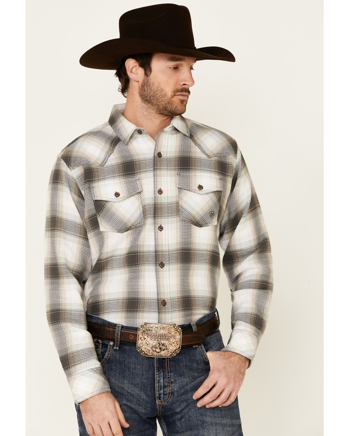 Image #1 - Ariat Men's Hickory Retro Large Plaid Thermal Long Sleeve Button Down Western Shirt, Tan, hi-res