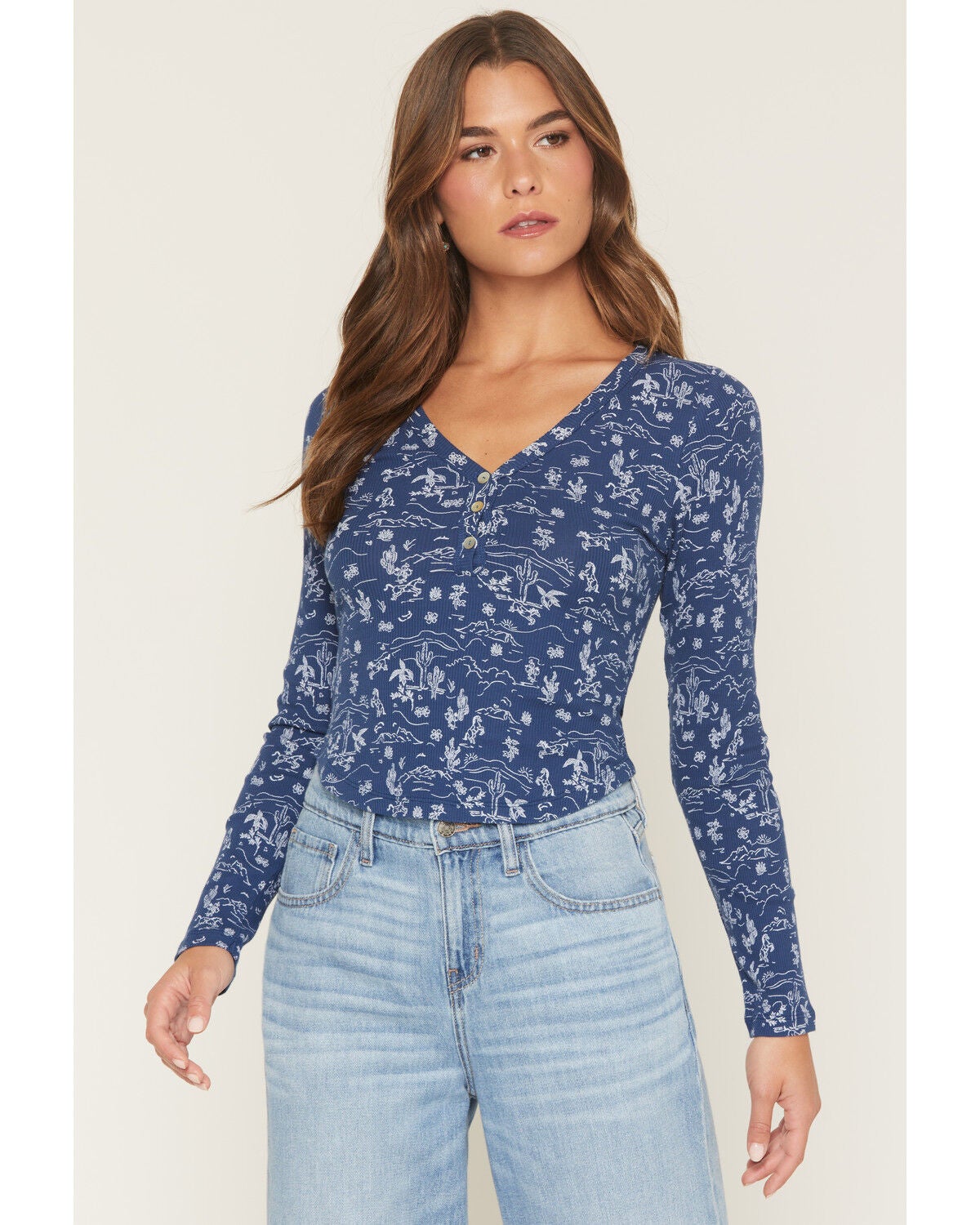 Image #1 - Wild Moss Women's Conversational Print Long Sleeve Thermal Shirt, Navy, hi-res