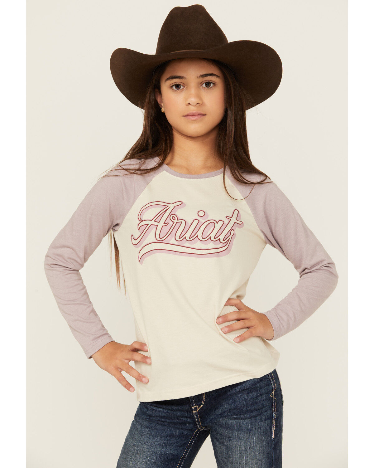 Image #1 - Ariat Girls' Script Baseball Long Sleeve Shirt, Purple, hi-res