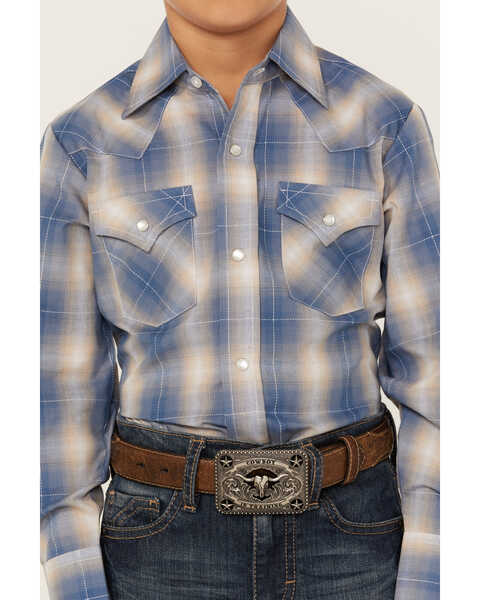 Image #3 - Ely Walker Boys' Textured Plaid Print Long Sleeve Pearl Snap Western Shirt, Blue, hi-res
