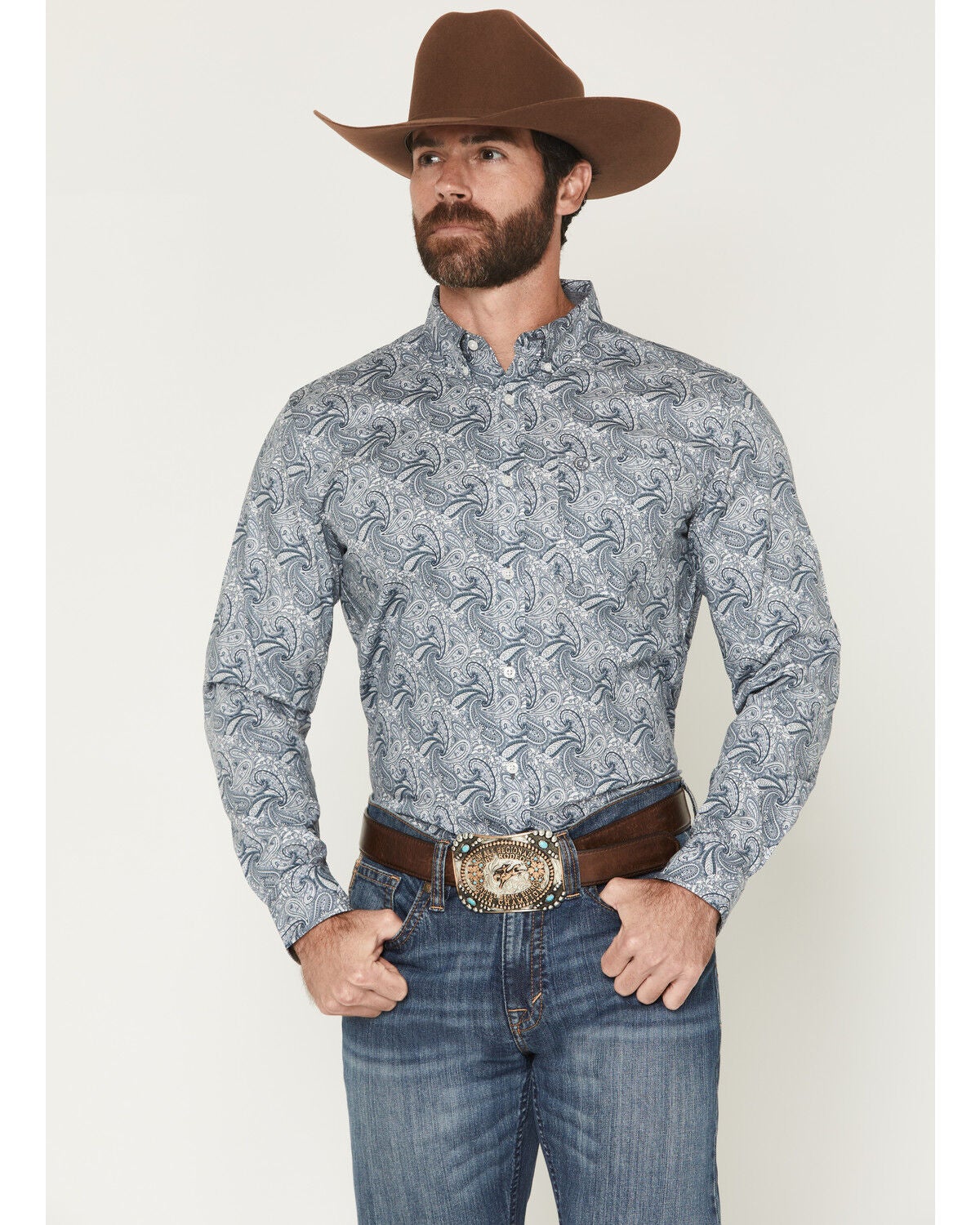 Image #1 - Cody James Men's Zeke Paisley Print Long Sleeve Button-Down Stretch Western Shirt, Blue, hi-res