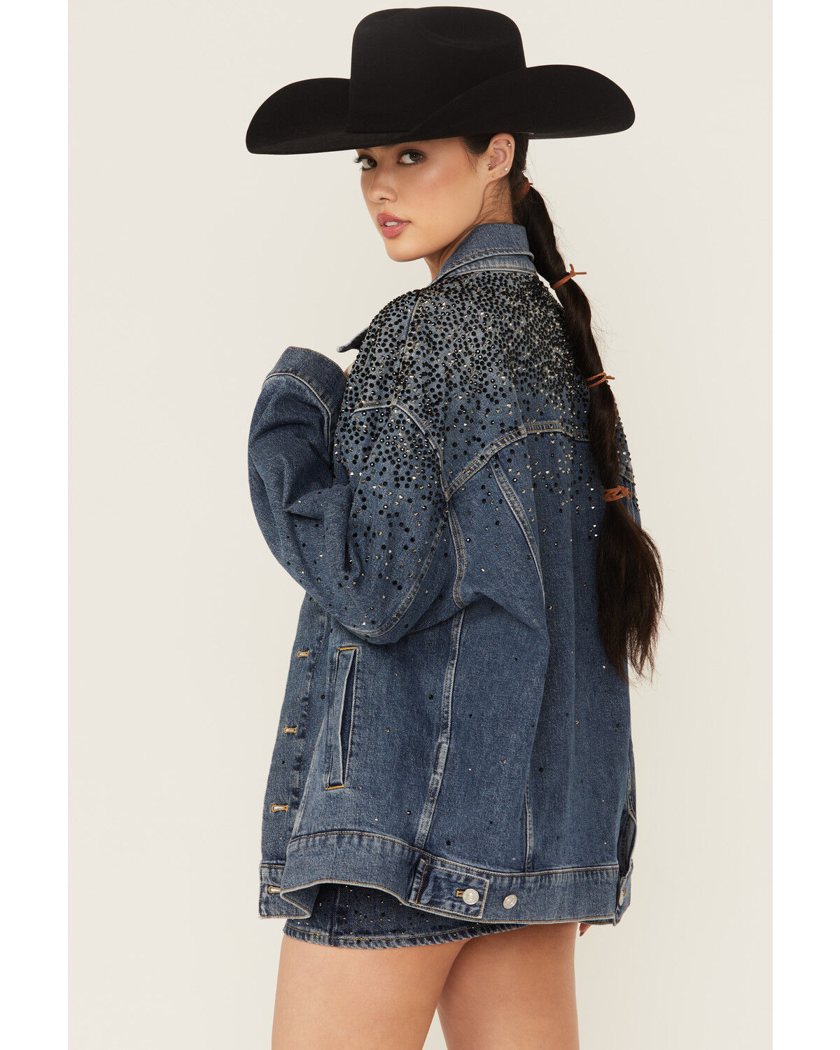 Image #4 - 7 For All Mankind Women's Candy Oil Dark Wash Oversized Embellished Trucker Denim Jacket, Dark Wash, hi-res