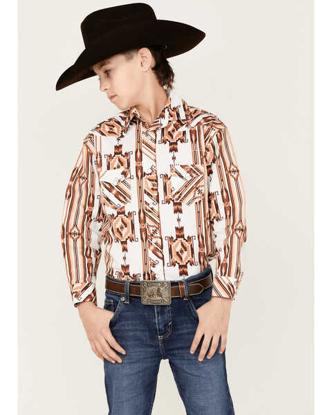 Image #1 - Rock & Roll Denim Boys' Southwestern Print Long Sleeve Pearl Snap Stretch Western Shirt, Natural, hi-res