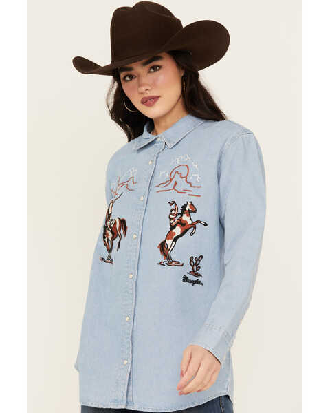 Wrangler Women's Medium Wash Embroidered Bronco Long Sleeve Pearl Snap Denim Western Shirt , Medium Wash, hi-res