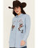 Image #1 - Wrangler Women's Medium Wash Embroidered Bronco Long Sleeve Pearl Snap Denim Western Shirt , , hi-res