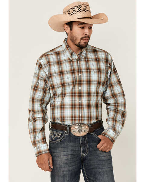 Cinch Men's Large Plaid Print Long Sleeve Button Down Western Shirt , Brown, hi-res