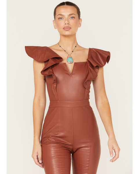 Image #2 - Flying Tomato Women's Faux Leather Flare Jumpsuit, Rust Copper, hi-res
