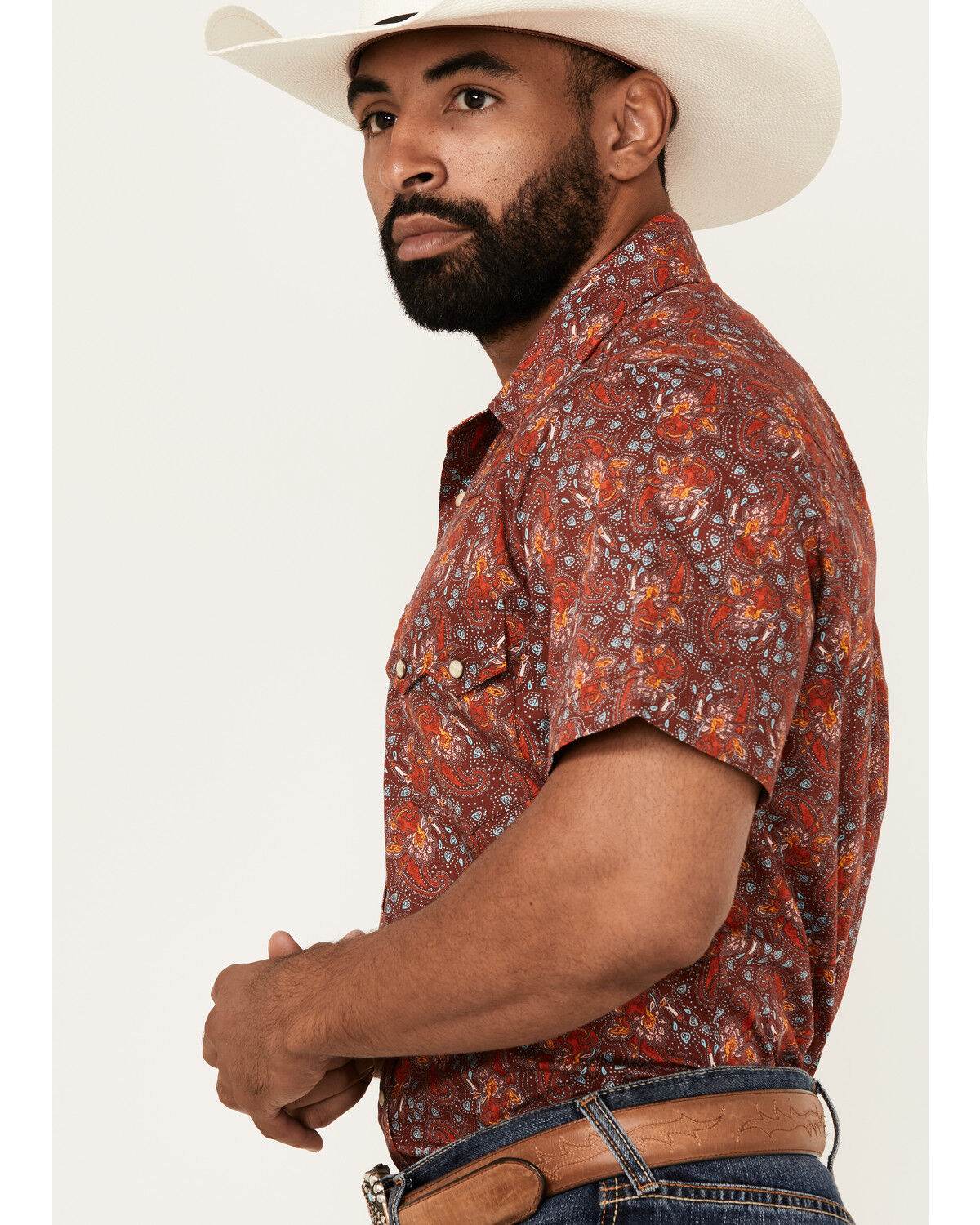 Image #2 - Rock & Roll Denim Men's Paisley Print Short Sleeve Snap Stretch Western Shirt, Dark Orange, hi-res