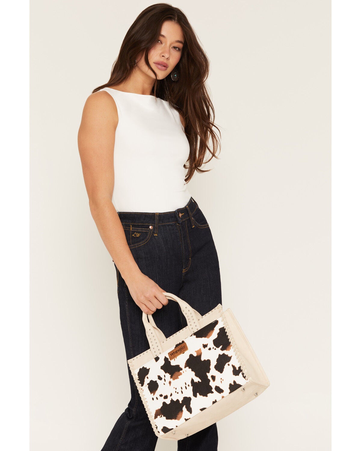 Wrangler X Boot Barn Women's Cow Print Square Tote, Beige, hi-res