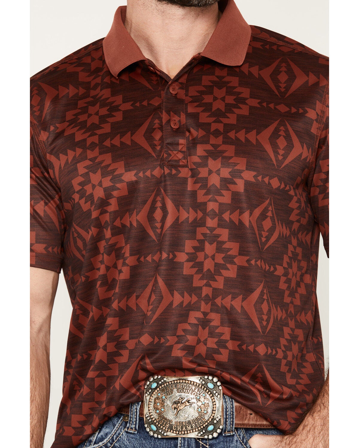 Image #3 - RANK 45&reg; Men's Tonal Southwestern Print Short Sleeve Button-Down Polo, Heather Red, hi-res