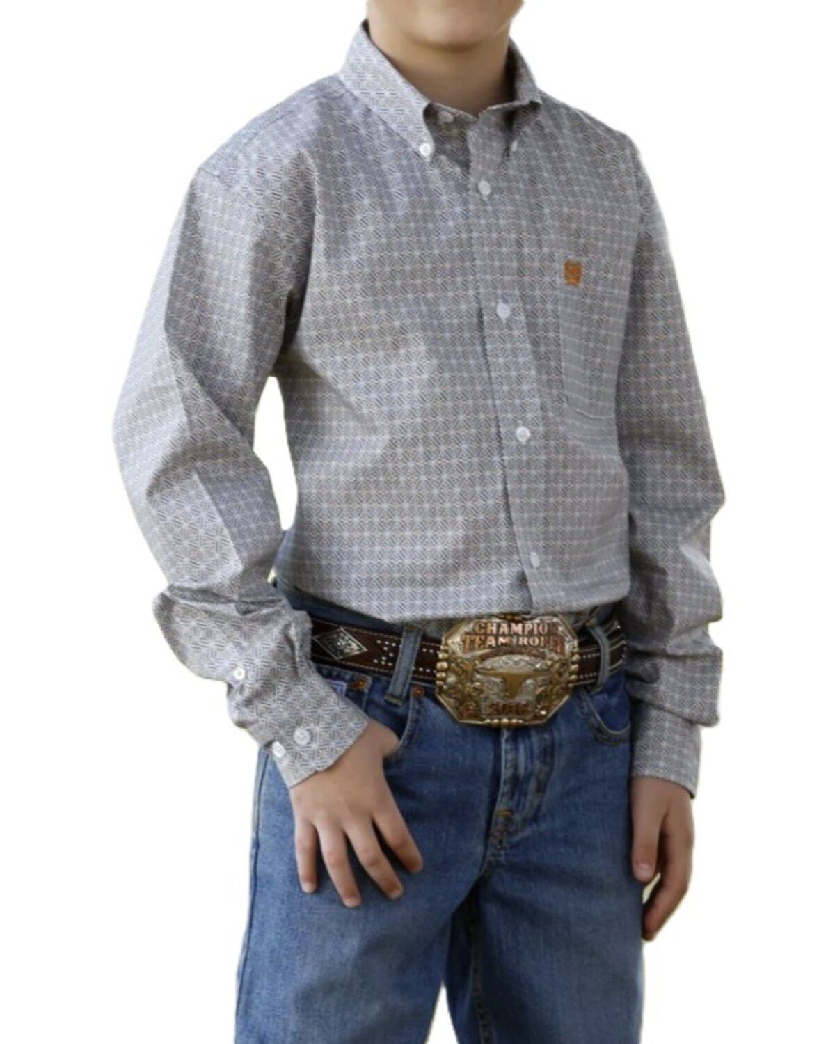 Image #1 - Cinch Boys' Geo Print Long Sleeve Button-Down Stretch Western Shirt, White, hi-res