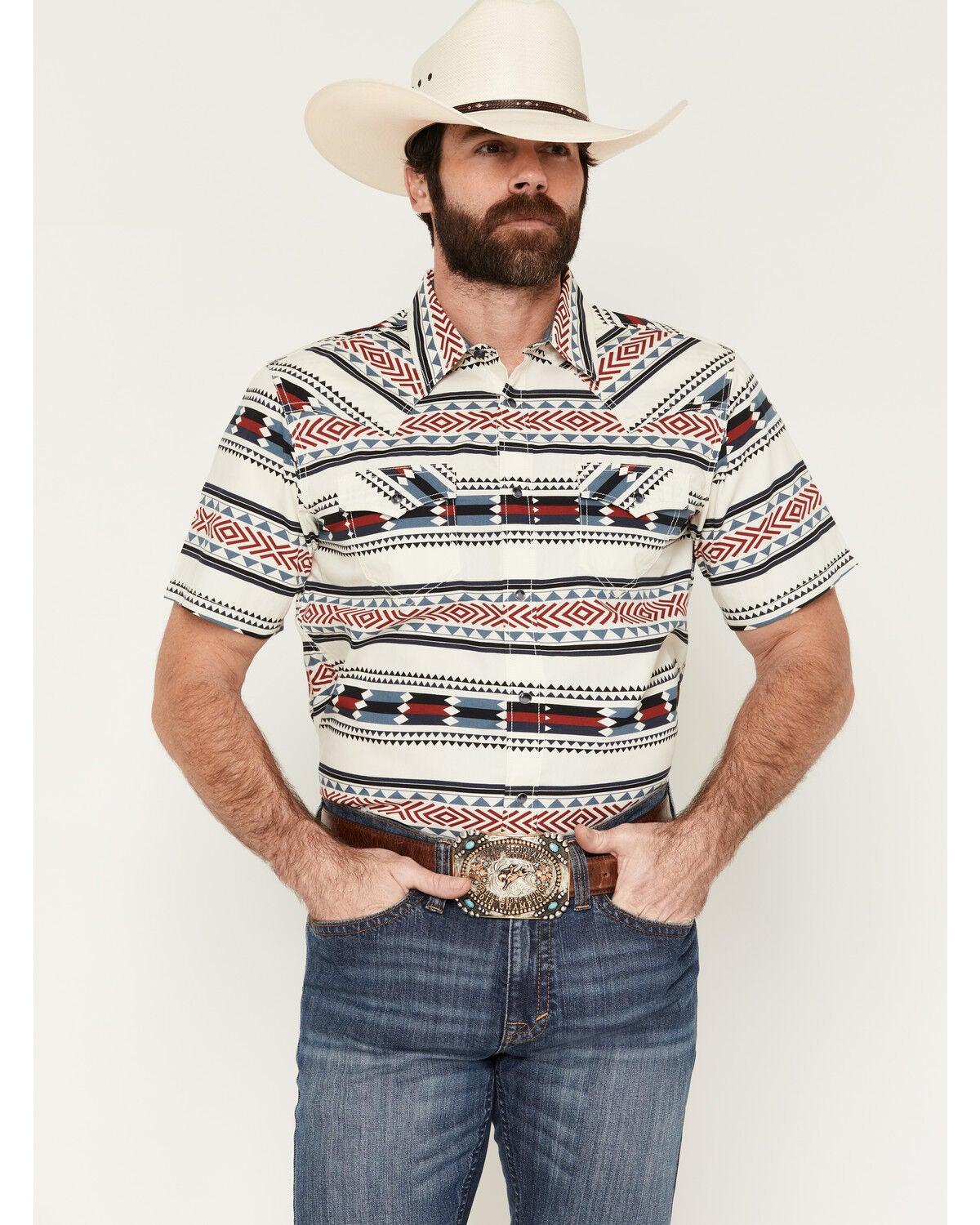 Image #1 - Cody James Indian Summer Southwestern Print Short Sleeve Snap Western Shirt, Ivory, hi-res