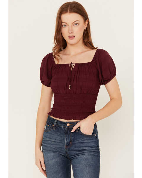 Image #2 - Shyanne Women's Puff Sleeve Smocked Bodice Top, Maroon, hi-res