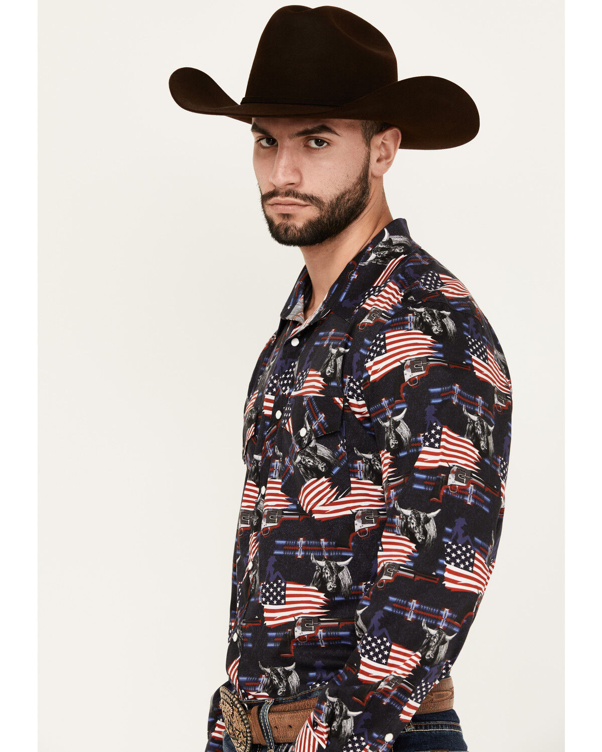 Image #2 - Rock & Roll Denim Men's Americana Print Long Sleeve Snap Stretch Western Shirt, Dark Blue, hi-res