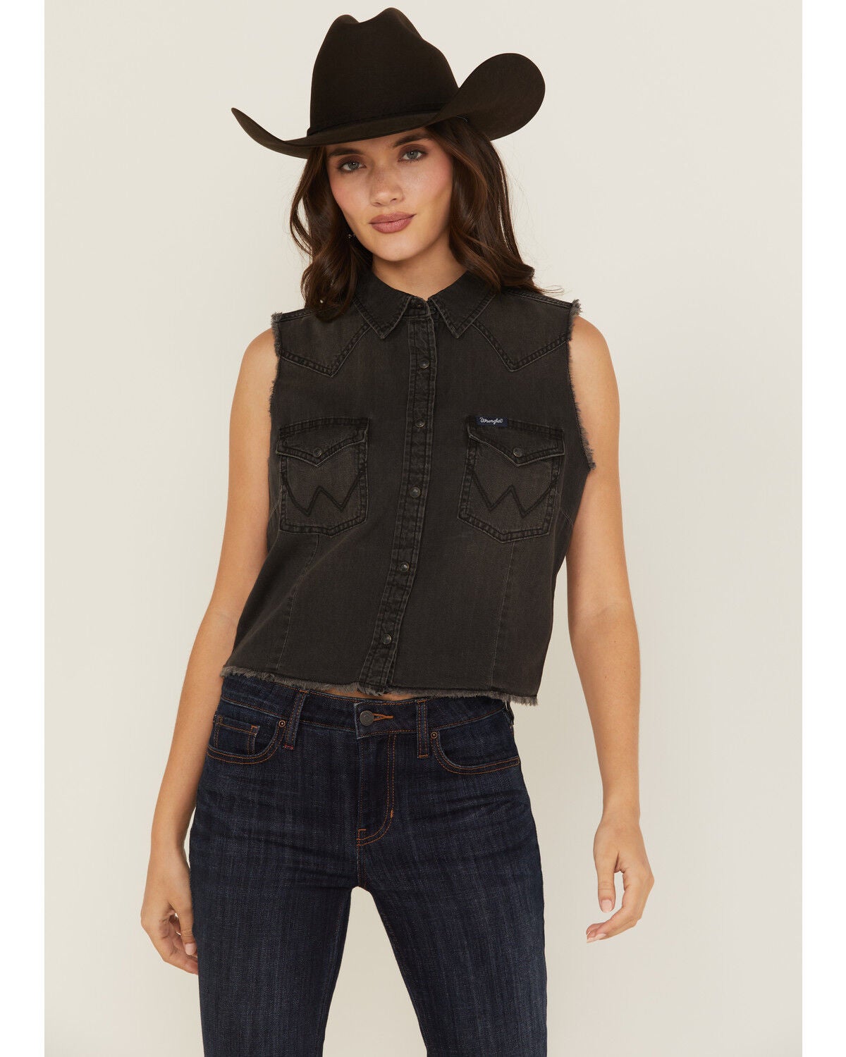 Wrangler Retro Women's Distressed Sleeveless Snap Cropped Western Shirt, Black, hi-res