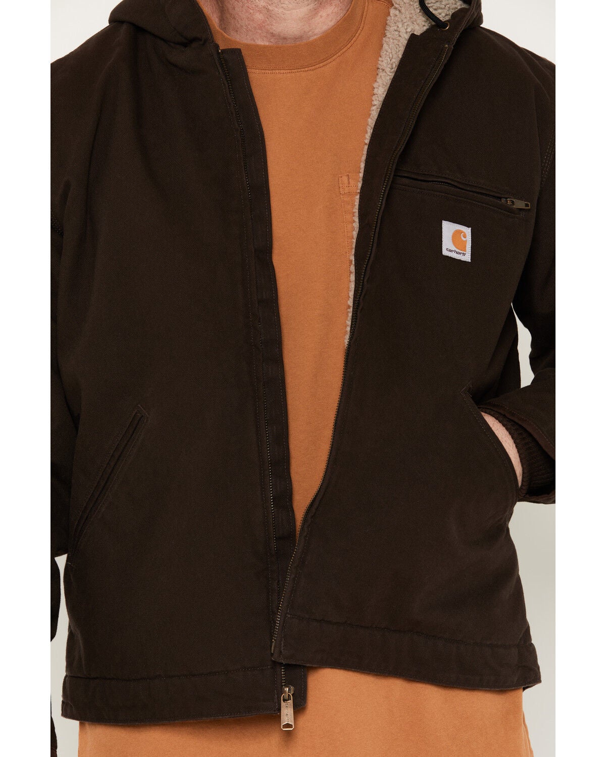 Image #3 - Carhartt Men's Washed Duck Sherpa Lined Hooded Work Jacket, Brown, hi-res