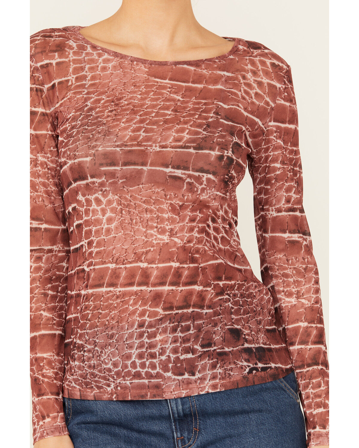 Image #3 - Vocal Women's Snake Print Long Sleeve Mesh Top, Rust Copper, hi-res