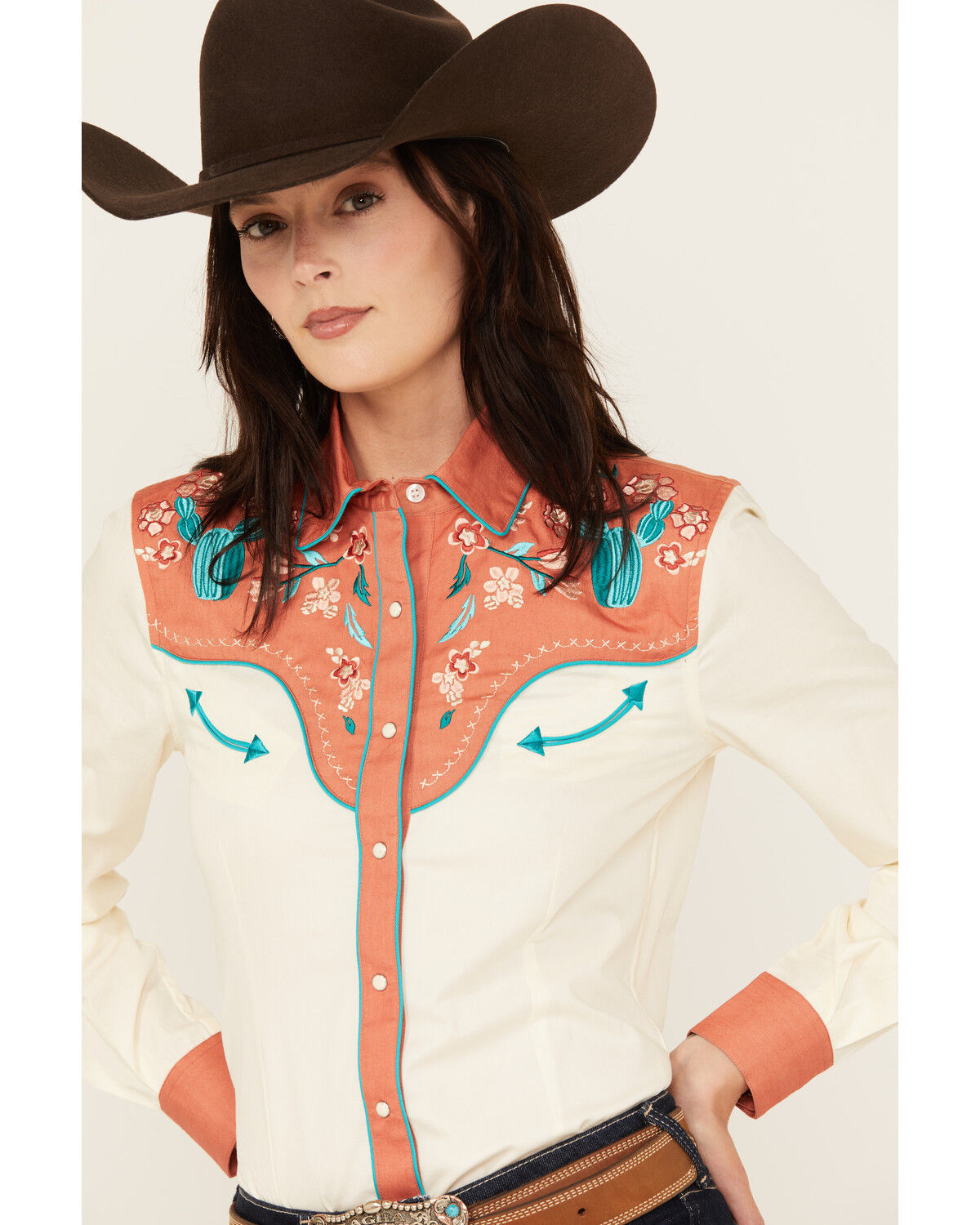 Image #2 - Panhandle Women's Retro Curved Yoke Long Snap Western Shirt, Cream, hi-res