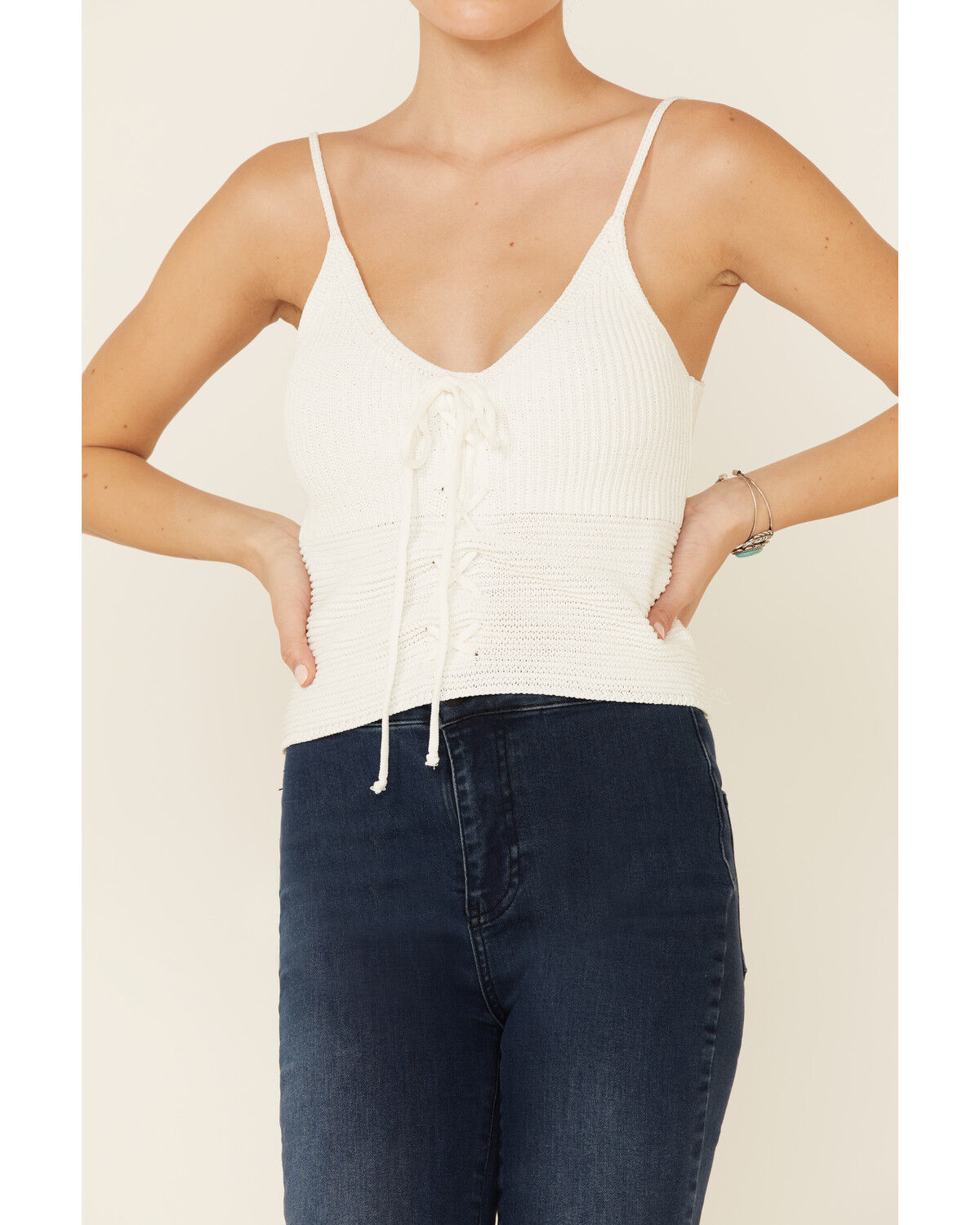 Image #3 - Mystree Women's Sweater-Knit Lace-Up Cami, White, hi-res