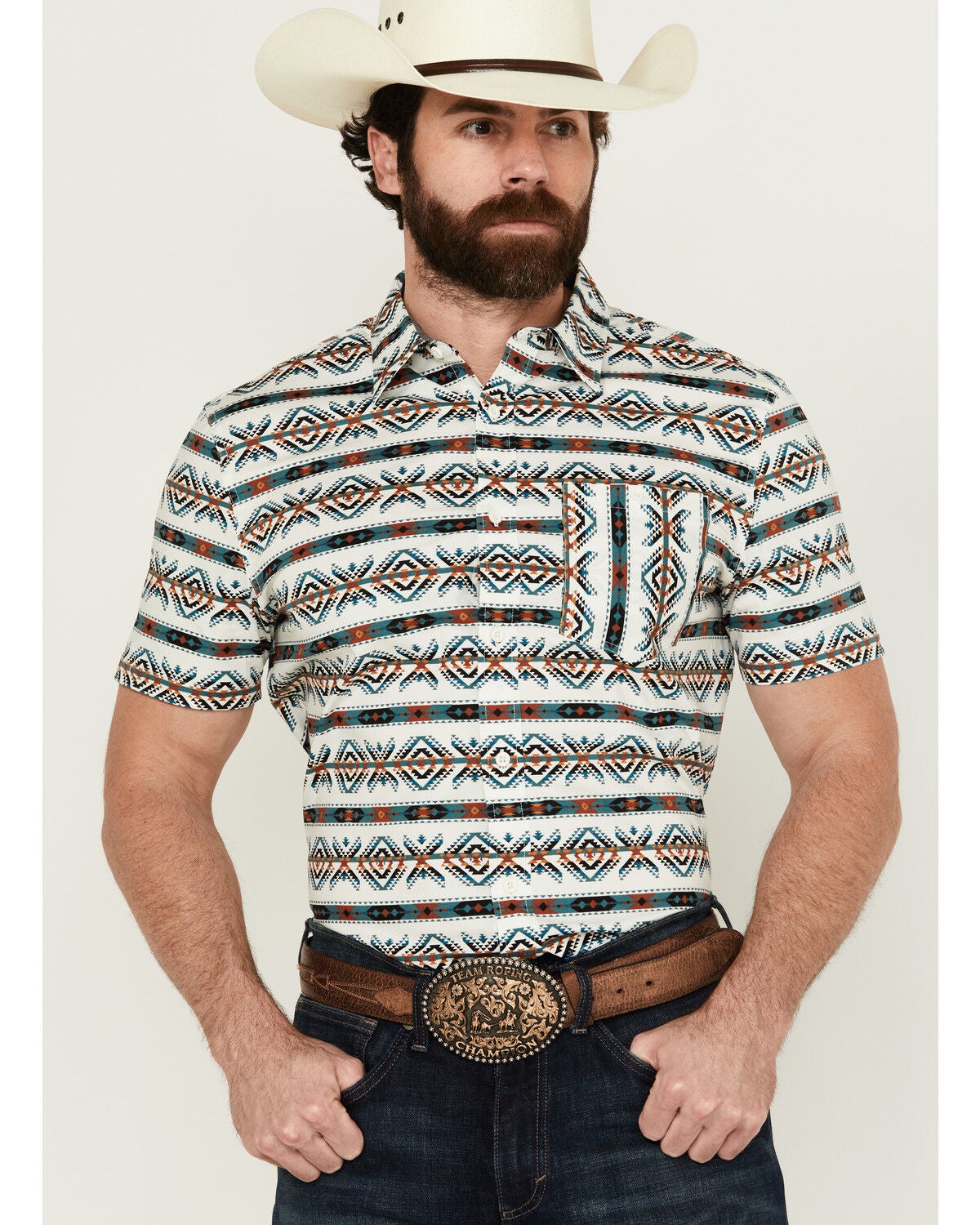 RANK 45&reg; Men's Resurrection Southwestern Print Short Sleeve Button-Down Performance Stretch Western Shirt, Ivory, hi-res