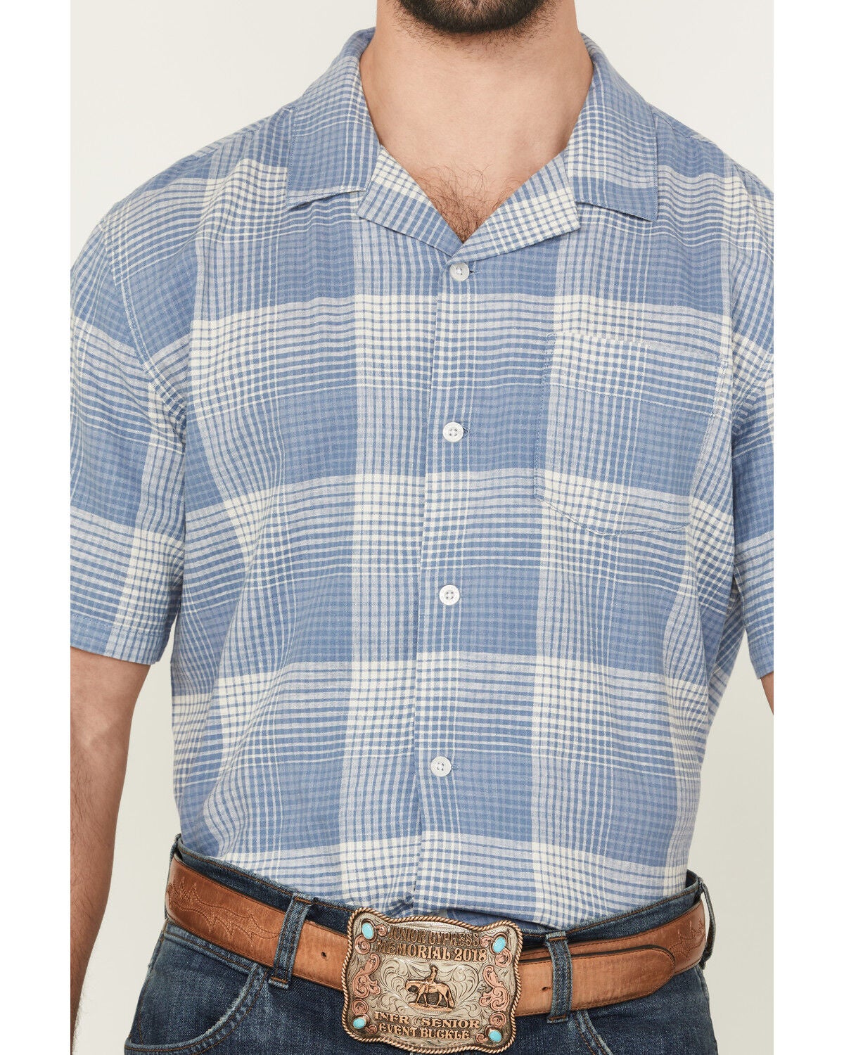 Image #3 - Pendleton Men's Camp Linen Plaid Print Short Sleeve Button-Down Western Shirt, Blue, hi-res