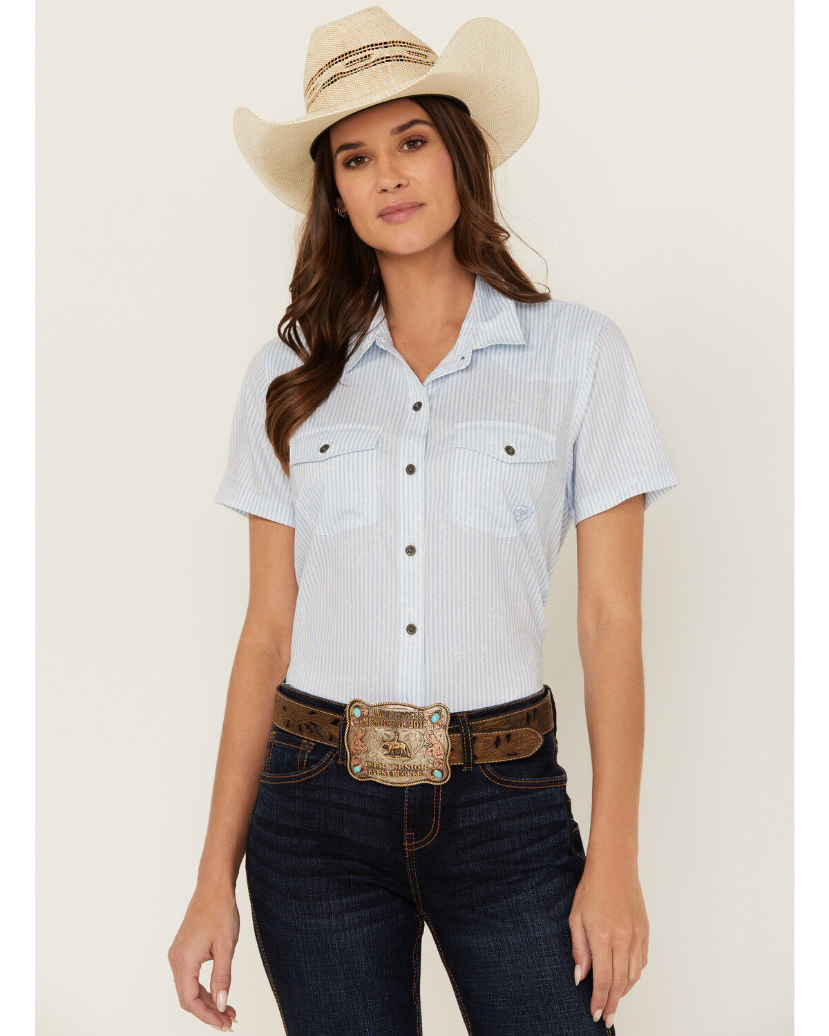 Image #1 - Ariat Women's Striped VentTek Short Sleeve Button-Down Western Shirt, Blue, hi-res