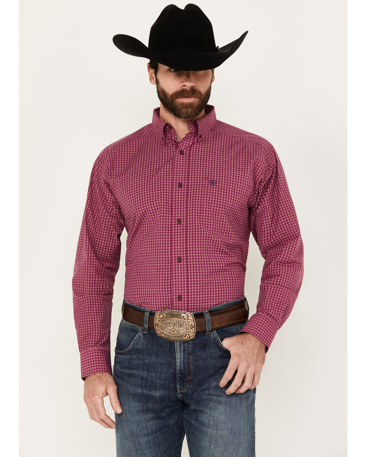 Image #1 - Ariat Men's Ervin Checkered Long Sleeve Button-Down Performance Shirt, Dark Pink, hi-res