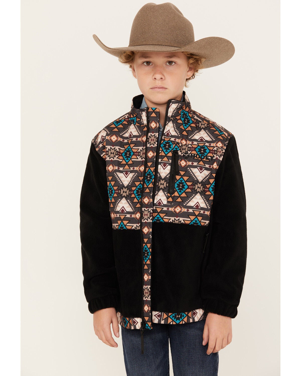 Image #1 - Hooey Boys' Southwestern Print Color Block Zip Softshell Jacket, , hi-res
