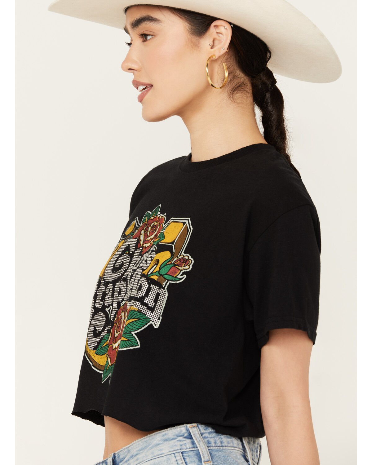 Image #2 - Merch Traffic Women's Chris Stapleton Embellished Short Sleeve Cropped Graphic Tee, Black, hi-res