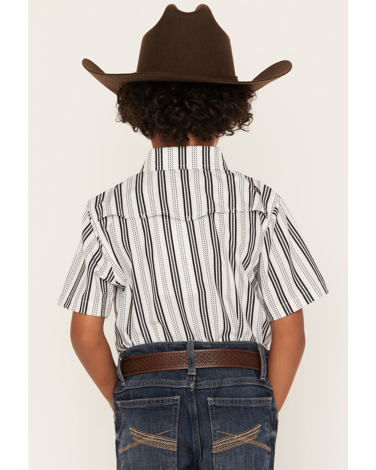 Image #4 - Ferrell Boys' Jake Tek Striped Print Short Sleeve Snap Performance Western Shirt, White, hi-res