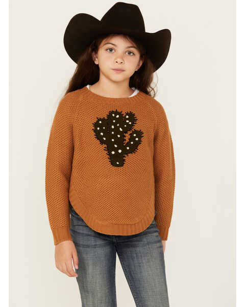 Image #1 - Cotton & Rye Girls' Cactus Applique Round Bottom Sweater , Caramel, hi-res