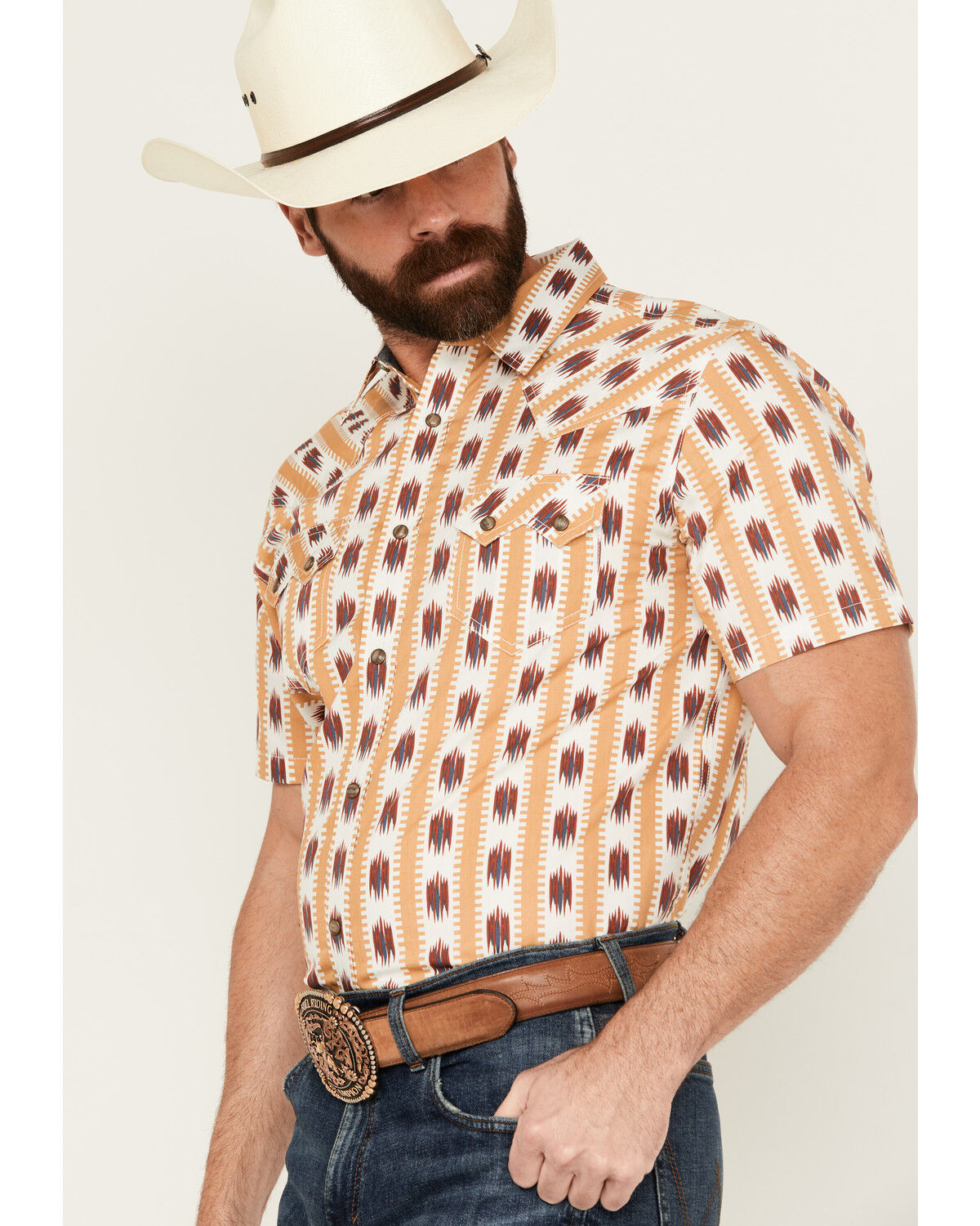 Image #2 - Cody James Men's Saint Abstract Striped Short Sleeve Snap Western Shirt, Ivory, hi-res