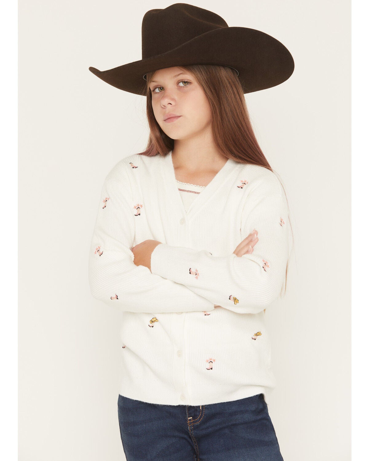 Fornia Girls' Boot Embroidered Cardigan, White, hi-res