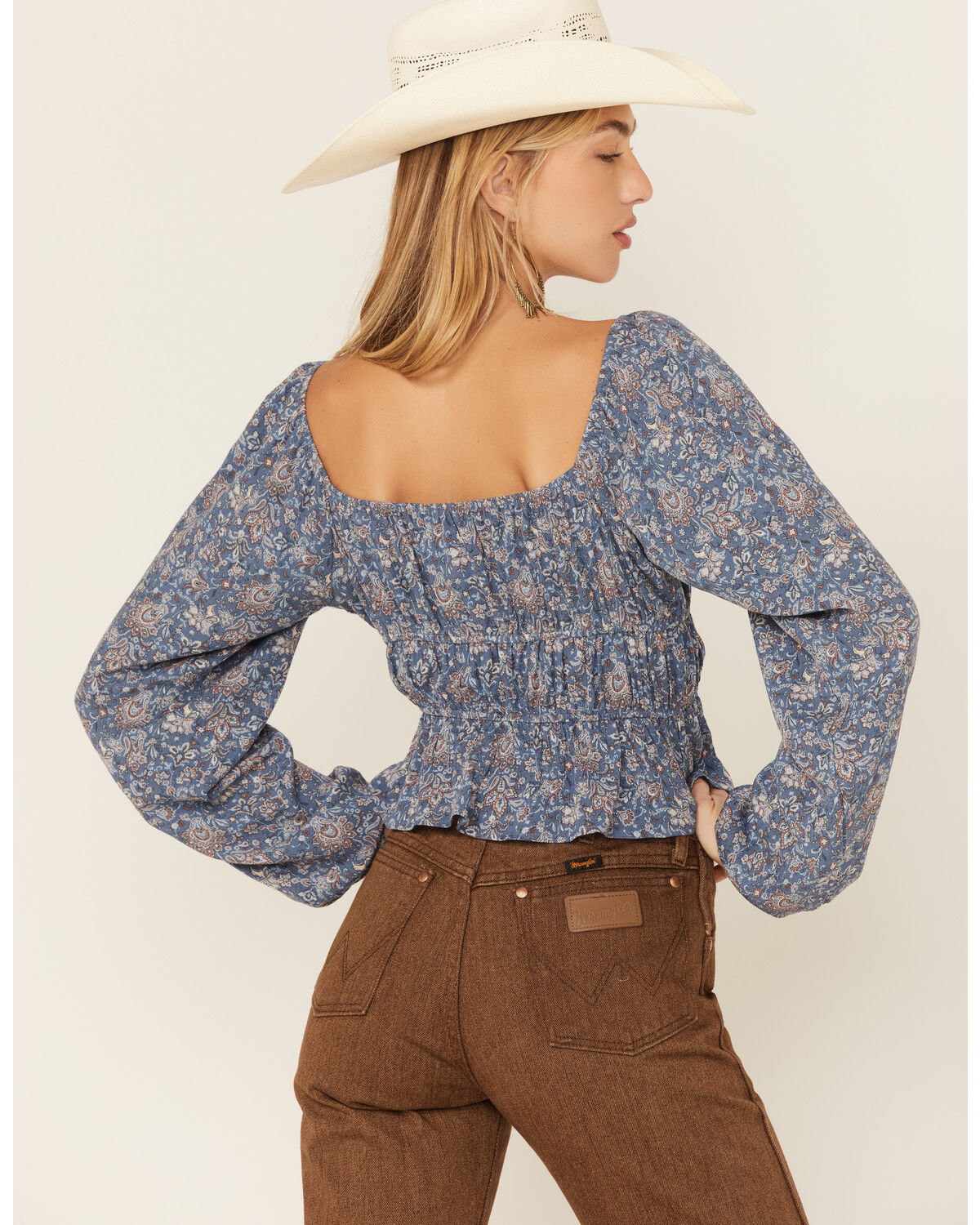 Image #3 - Wild Moss Long Sleeve Tie Front Ranched Floral Top, Blue, hi-res