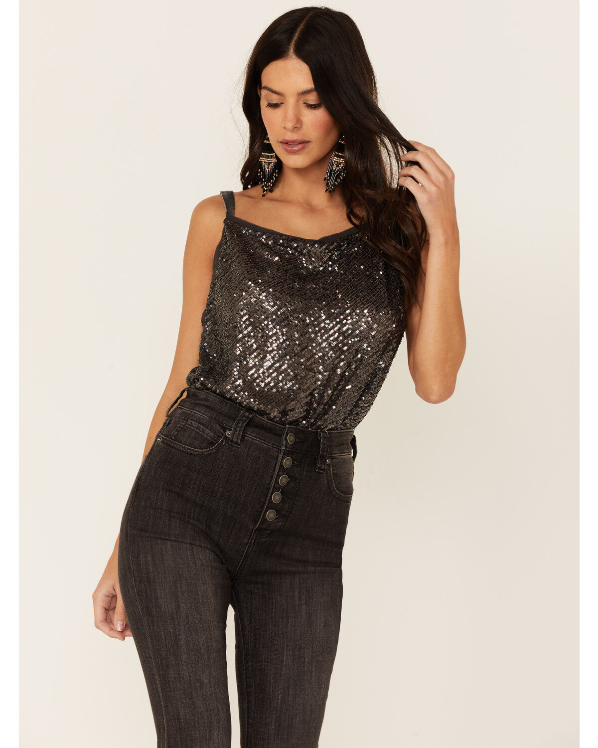 Image #1 - Free People Women's Shimmer & Shine Sequins Bodysuit, Pewter, hi-res