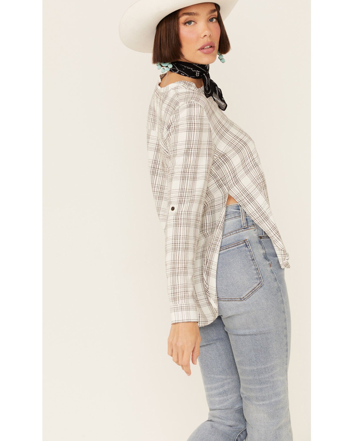 Image #3 - Shyanne Women's Ivory Plaid Shirt Tail Tunic Top, , hi-res