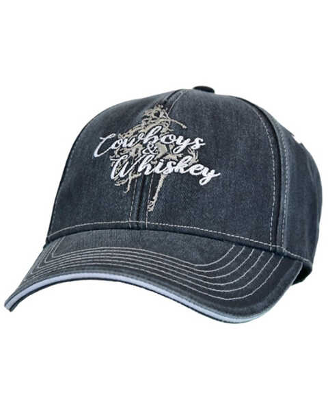 Image #1 - Cowgirl Hardware Women's Denim Cowboys & Whiskey Embroidered Ball Cap , Black, hi-res