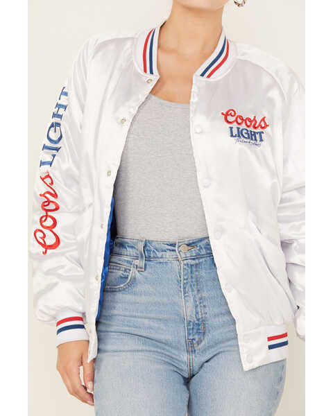 Image #3 - The Laundry Room Women's Faux Satin Coors Light Bomber Jacket , White, hi-res