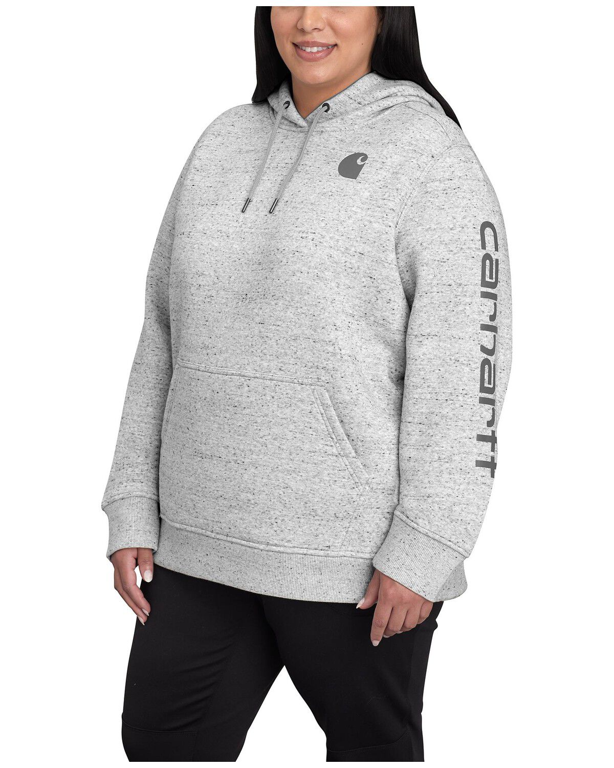 Image #1 - Carhartt Women's Heather Grey Clarksburg Sleeve Logo Hooded Sweatshirt - Plus, Heather Grey, hi-res