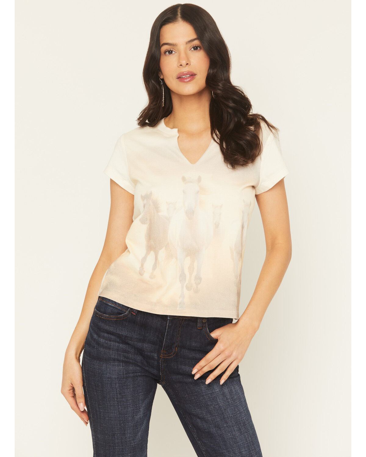 Image #1 - Idyllwind Women's Running Horses Short Sleeve Graphic Baby Tee, Cream, hi-res