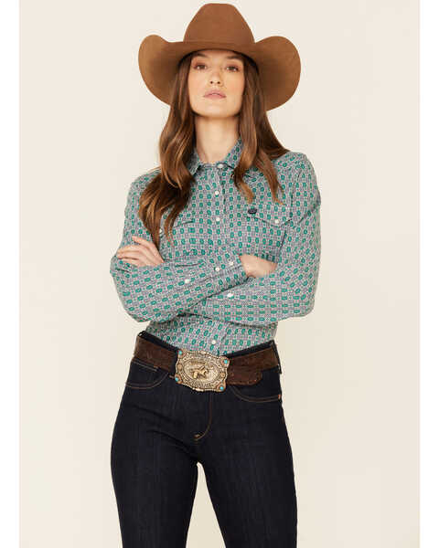 Cinch Women's Blue & Green Circle Geo Print Long Sleeve Snap Western Core Shirt, Purple, hi-res