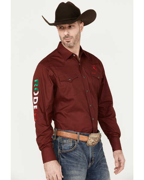 Rodeo Clothing Men's Mexico Logo Long Sleeve Snap Western Shirt, Burgundy, hi-res