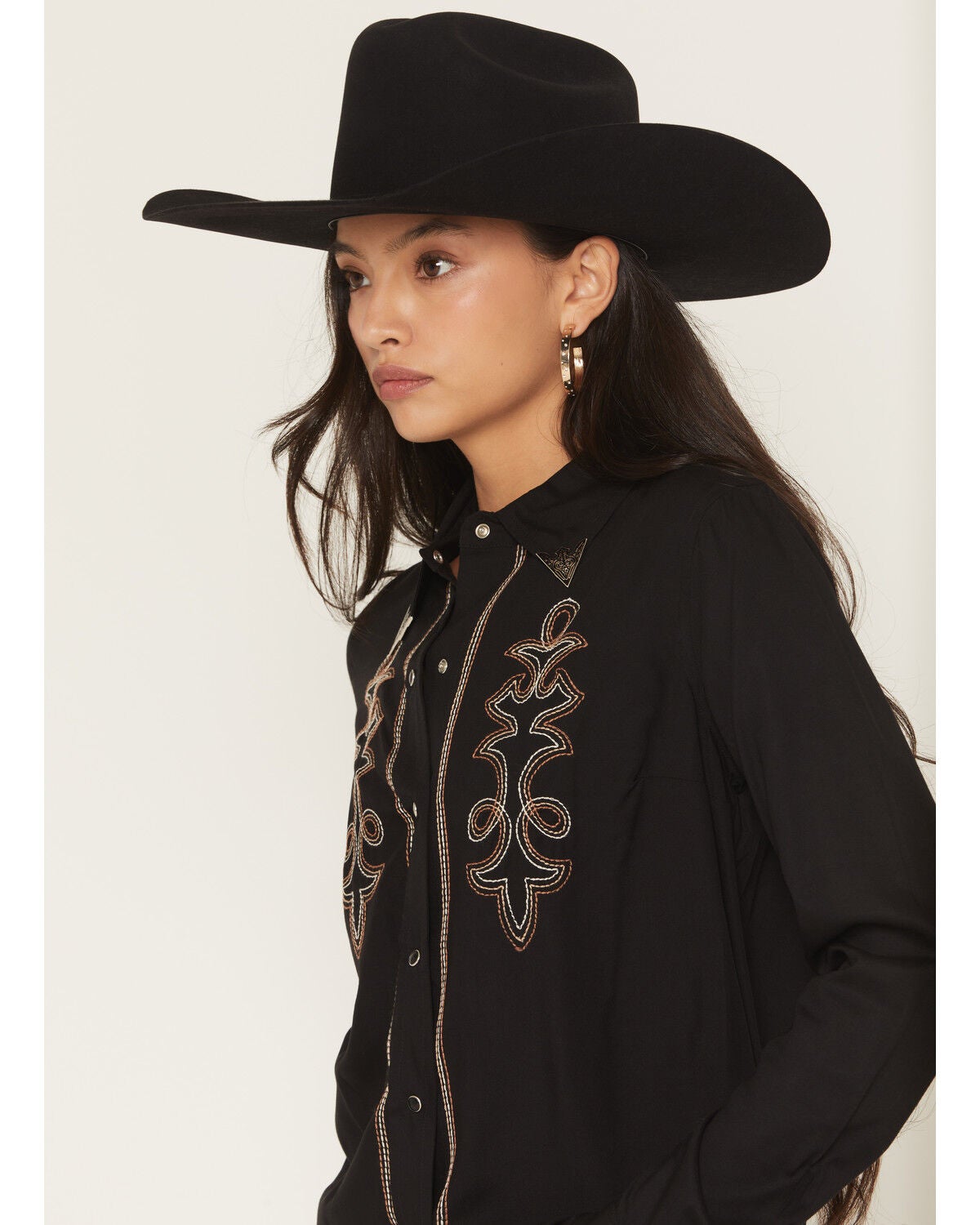Image #2 - Rock & Roll Denim Women's Boot Stitch Collared Top Long Sleeve Snap Western Shirt, Black, hi-res