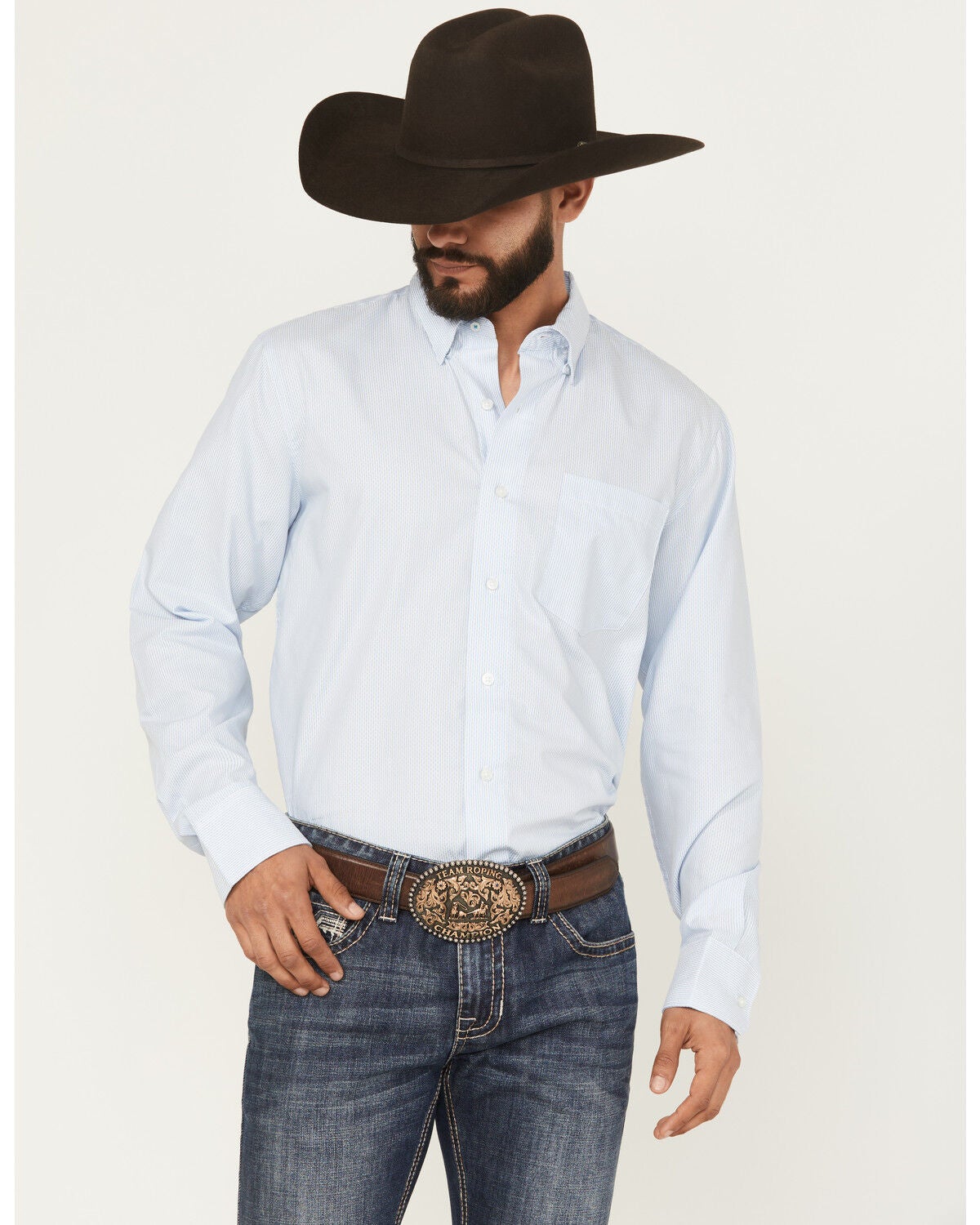 Image #1 - Wrangler X Cody Johnson Men's Non-Solid Solid Long Sleeve Button-Down Western Shirt - Tall, Blue, hi-res