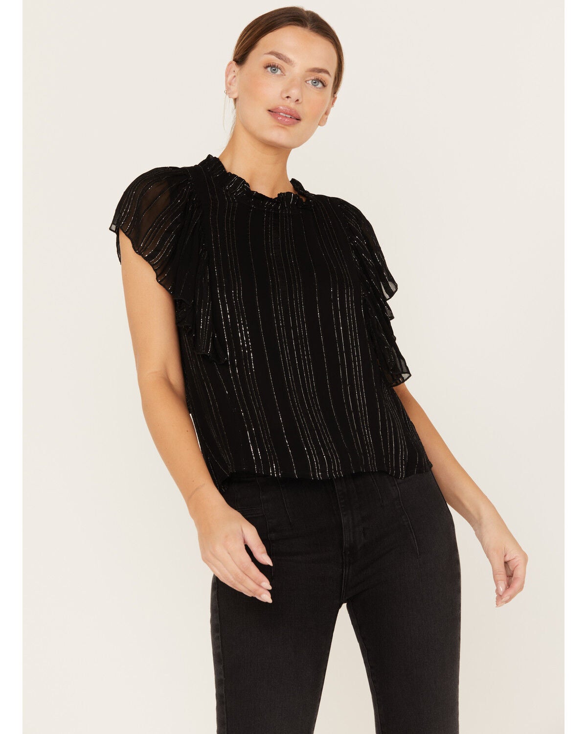 Revel Women's Metallic Striped Flutter Silver Top, Black, hi-res