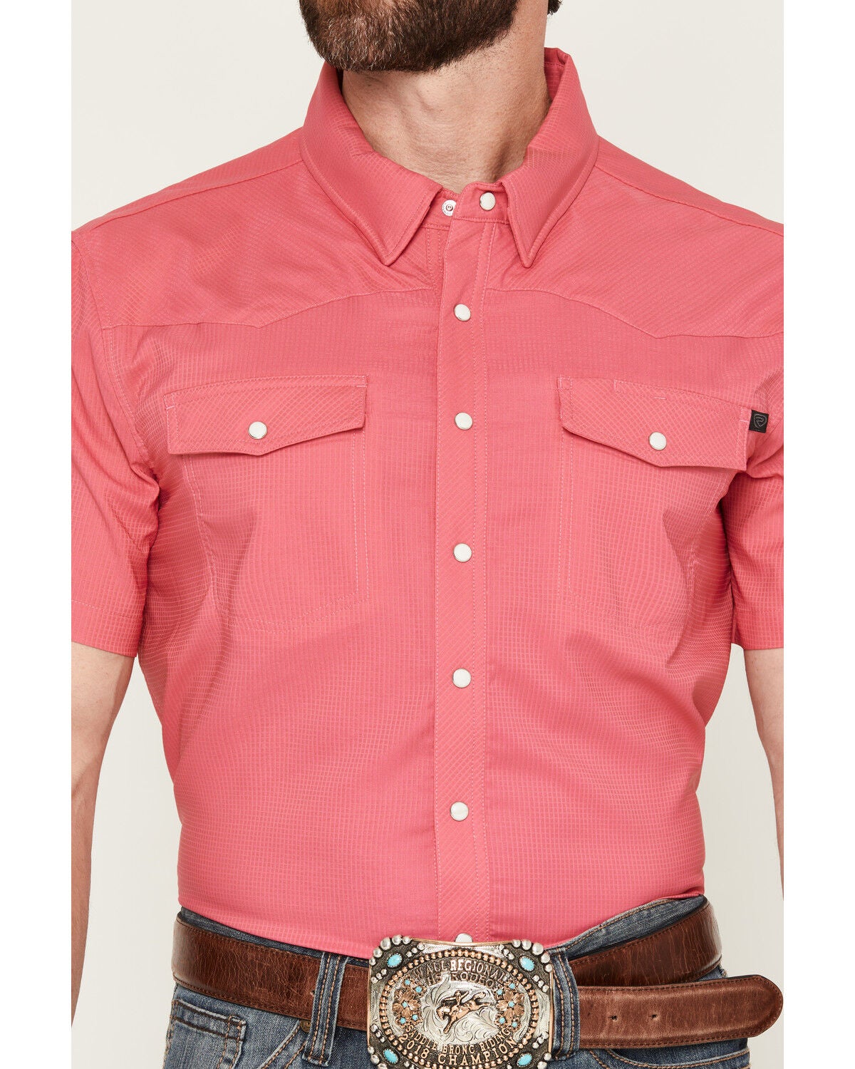 Image #3 - Rock & Roll Denim Men's Tek Solid Short Sleeve Snap Stretch Western Shirt, Hot Pink, hi-res