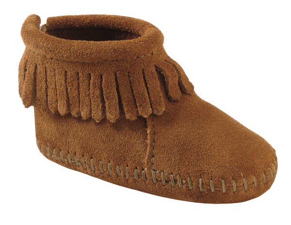 Minnetonka Infant Girls' Suede with Fringe Booties - Moc toe, Brown, hi-res